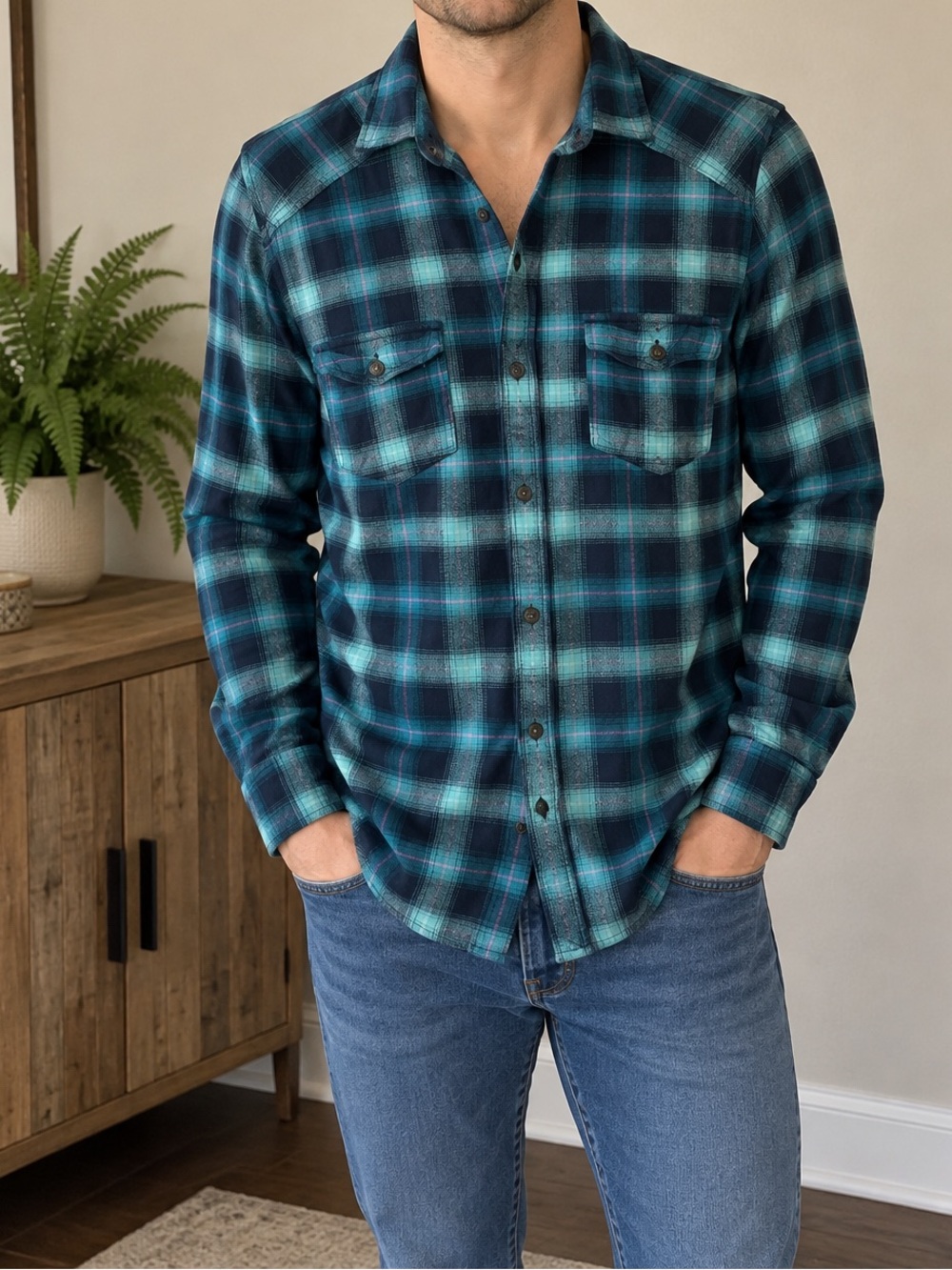 Hollister Teal & Navy Plaid Long-Sleeve Button-Down Shirt - Picture 1 of 7